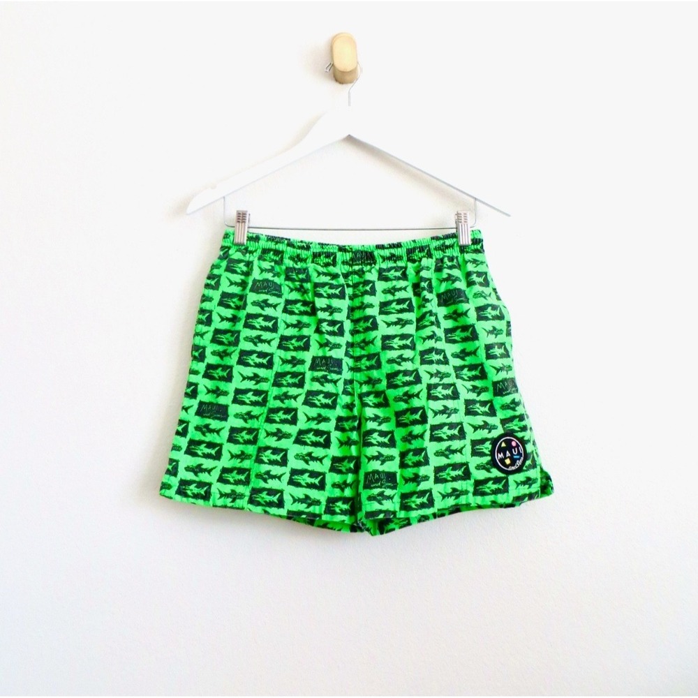 Vintage 80s MAUI AND SONS Shark Print Swim Trunks Neon Green Boys USA XL